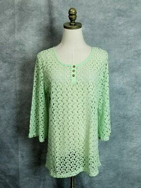 Simply Noelle Boho Crochet Henley Tunic Coverup Size L/XL Mint Green Shabby Chic